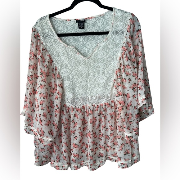 Torrid Sz Large White Pink Floral Ivory Lace Inset Chiffon Blouse Chasing Ditsy - Picture 7 of 7